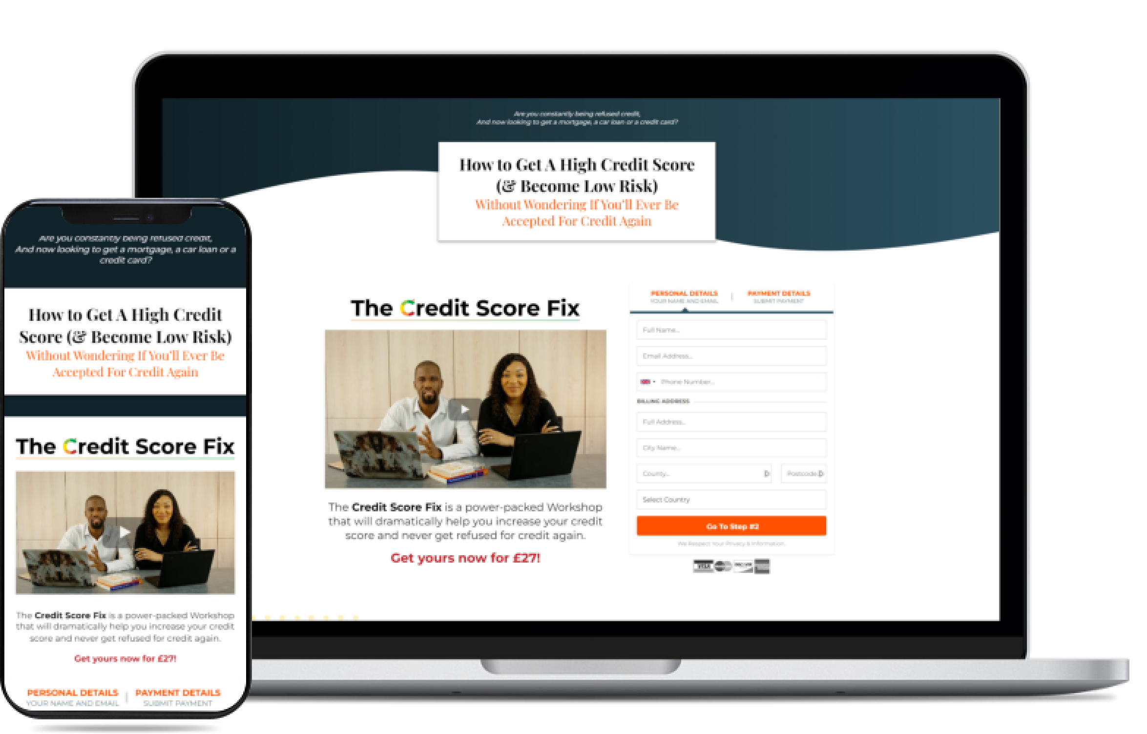 Mockup screenshots of Credit Score Fix on mobile and laptop graphics