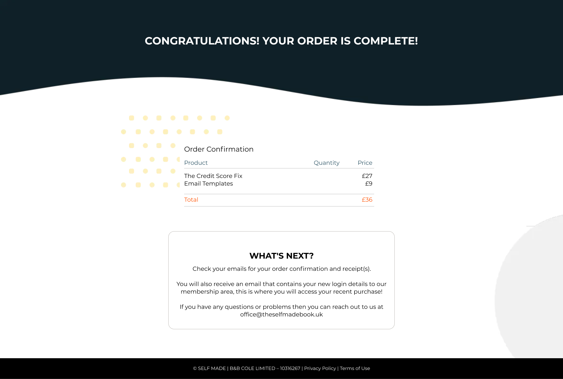 Screenshot of the "before" purchase confirmation page for the Credit Score Fix funnel, detailing order details such as products purchased, total price and next step instructions telling the customer to check their inbox.